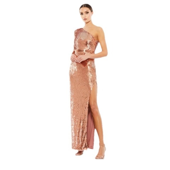 Mac Duggal Sequin One-Shoulder Long Sleeve Cooper Column Gown Womens Size 2 - Picture 1 of 14